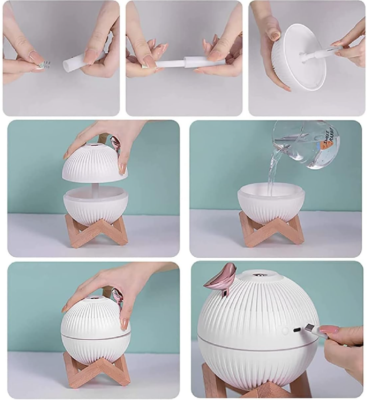 Lámpara Humidificadora Esférica con Base Decorativa de Madera