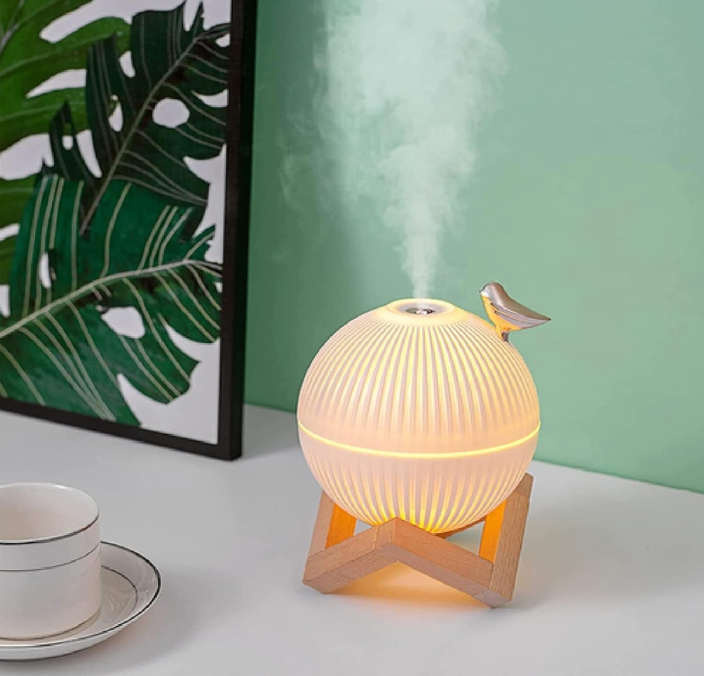 Lámpara Humidificadora Esférica con Base Decorativa de Madera